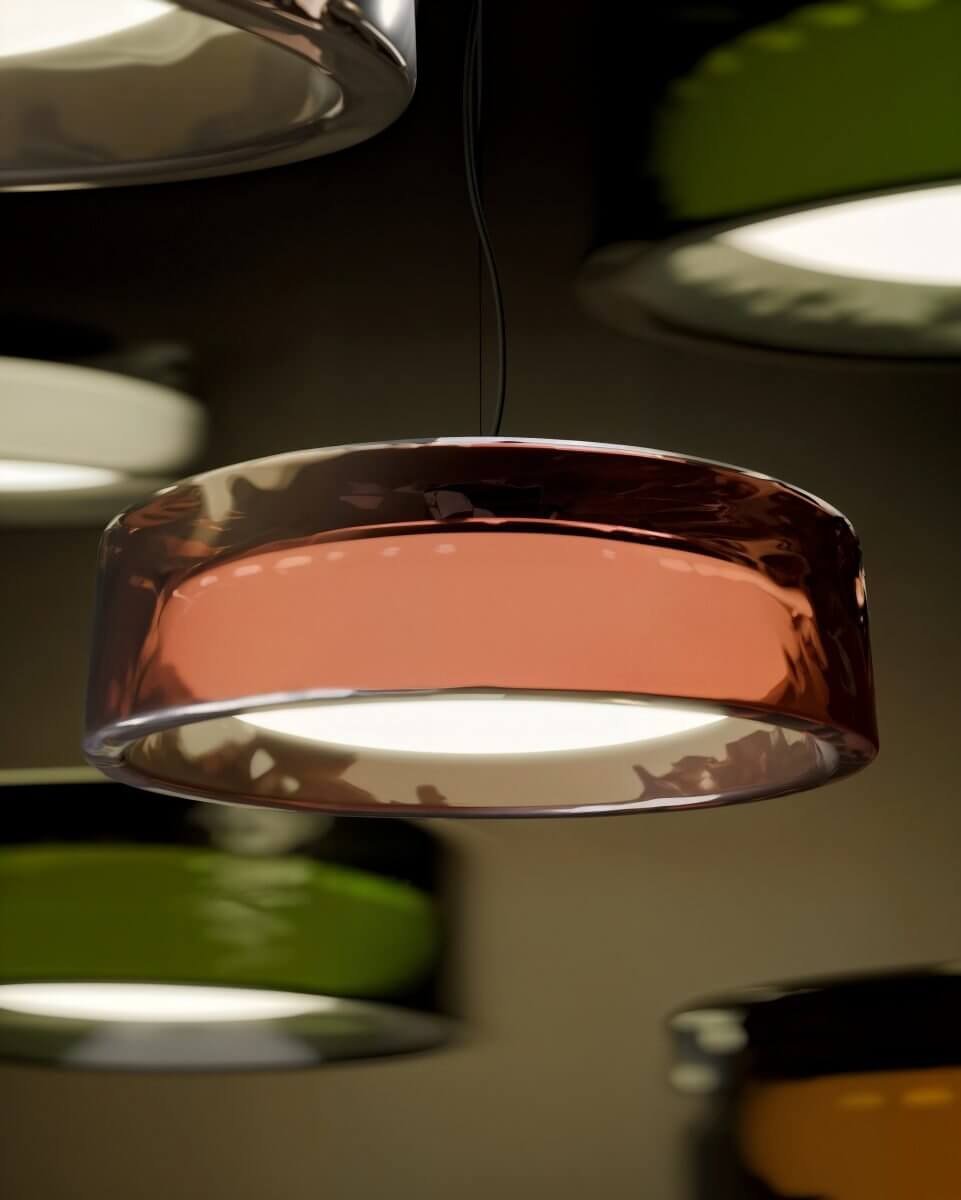 Set of Marset Ringo pendant lamps in shades such as pink, green and white in a restaurant setting. 