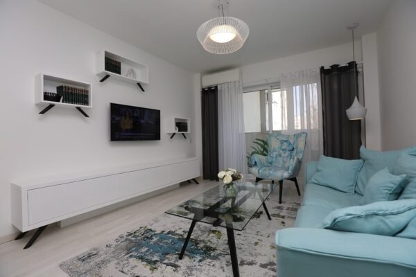 Modern living room composed of white and blue