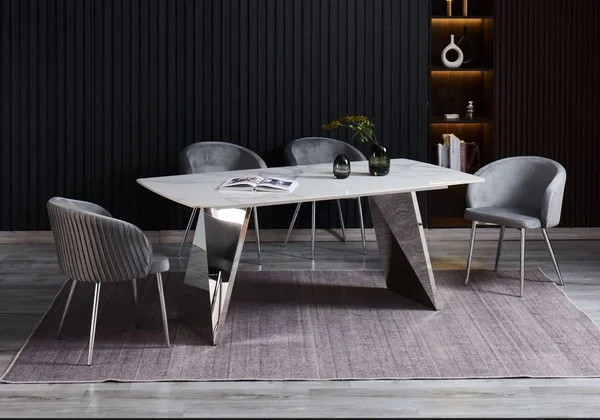 White marble ceramic table and elegant chairs