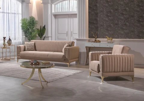 ASYA Slims Mobilya Caramel Gold Velvet Sofa Bed