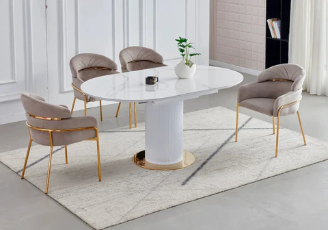LEON dining table in gold ceramic white marble