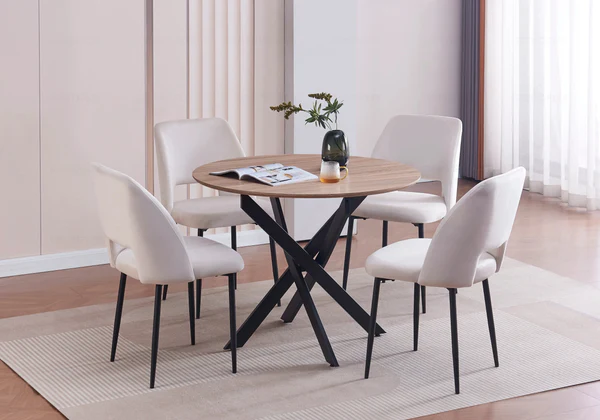 JOY New Design round oak table and beige chairs set