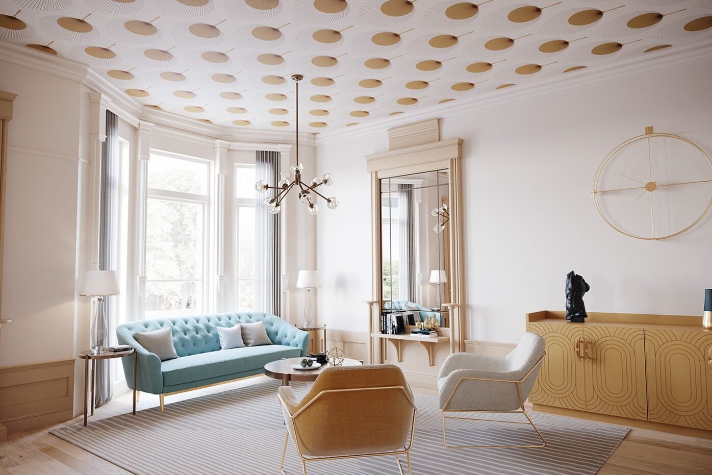 Wallpaper on the ceiling: design element